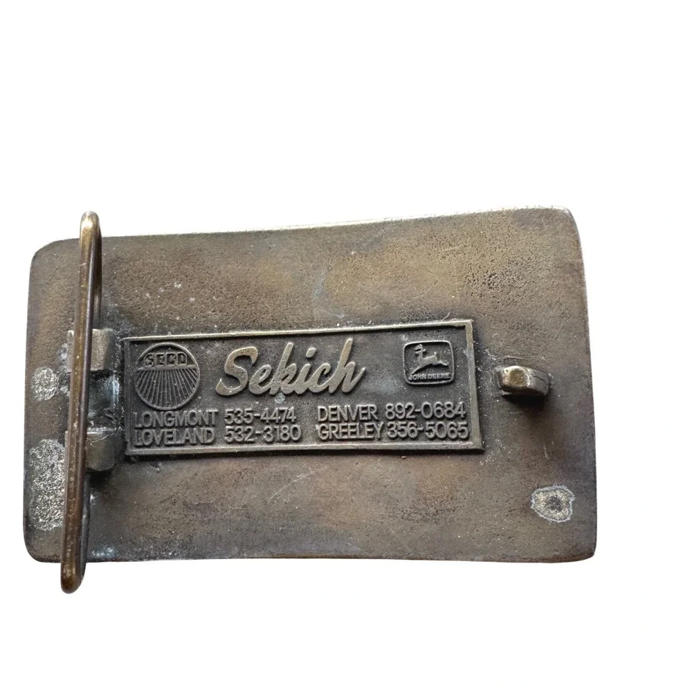 Vintage Sekich Equipment Co John Deere Brass Belt Buckle Longmont Colorado Brass